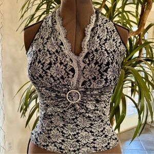 KC2 (Kay Celine) Black and Silver Lace Halter Top NWT